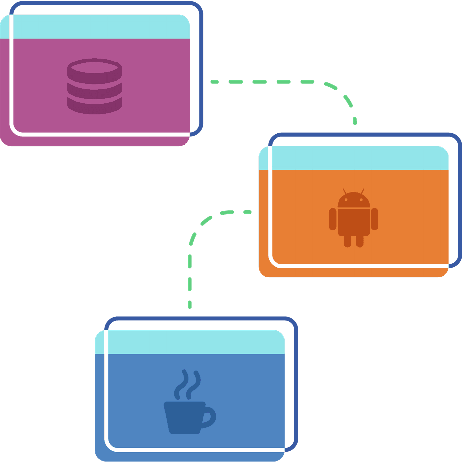 Coding journey illustration with database, mobile, and Java development icons