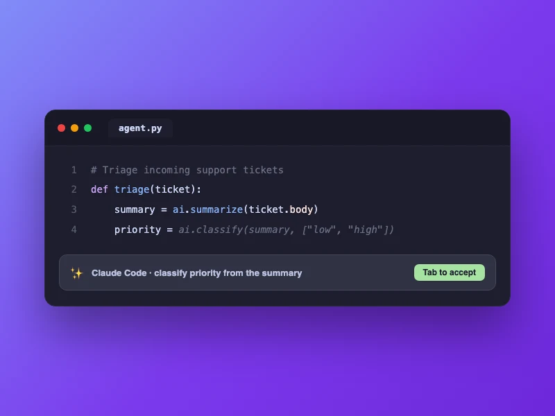 A code editor with an AI assistant suggesting code