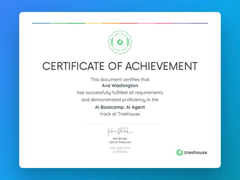 Example Treehouse AI Bootcamp certificate of achievement