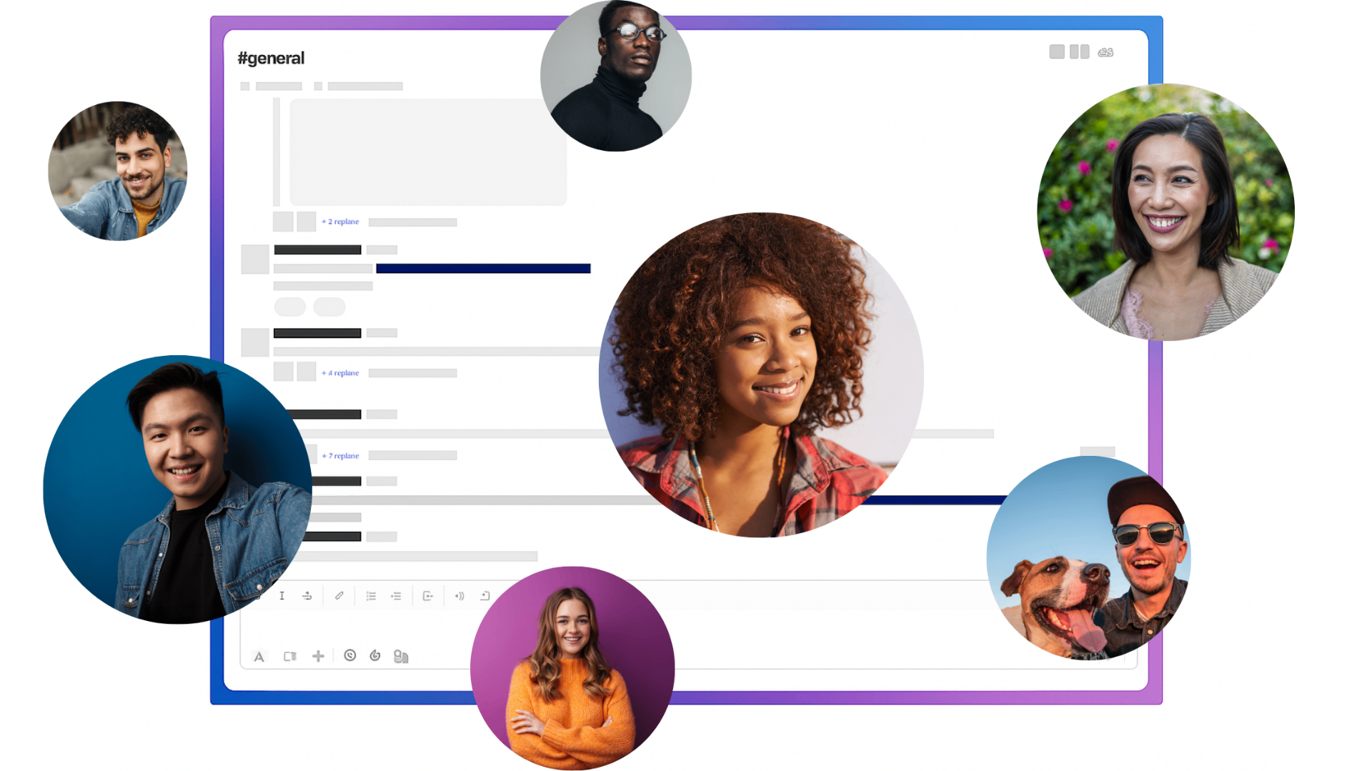 Discord-style community interface with diverse alumni members connected in a vibrant network