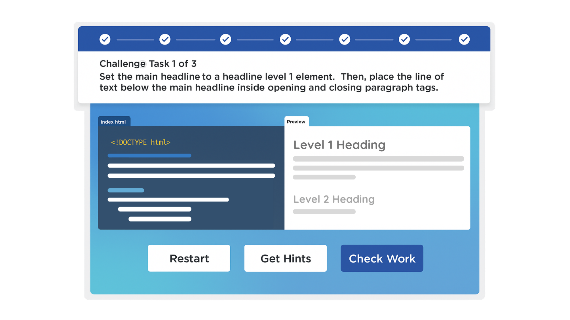Interactive learning platform interface showing video lessons, code challenges, and progress tracking